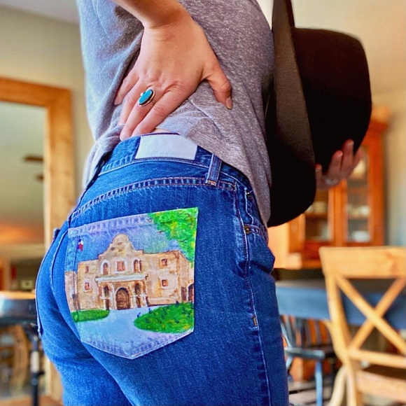 Handpainted Alamo Texas RE/DONE Mid Rise Straight Leg Jeans San Antonio Cowgirl - Picture 13 of 13